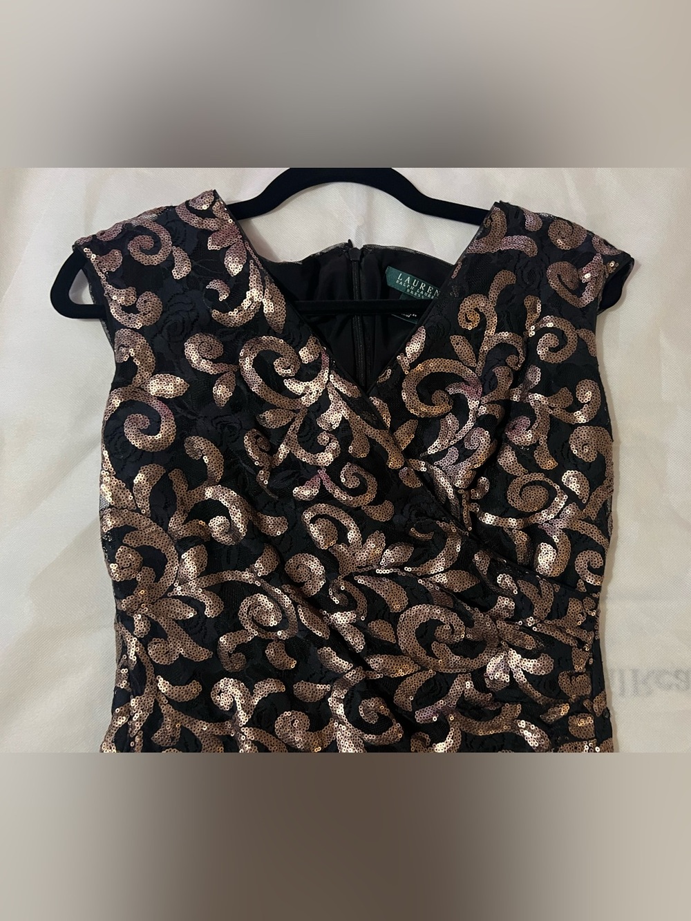 Lauren Ralph Lauren Dress Size 8 Black Bronze Sequin Lace Sheath Cocktail Dress - Picture 7 of 11